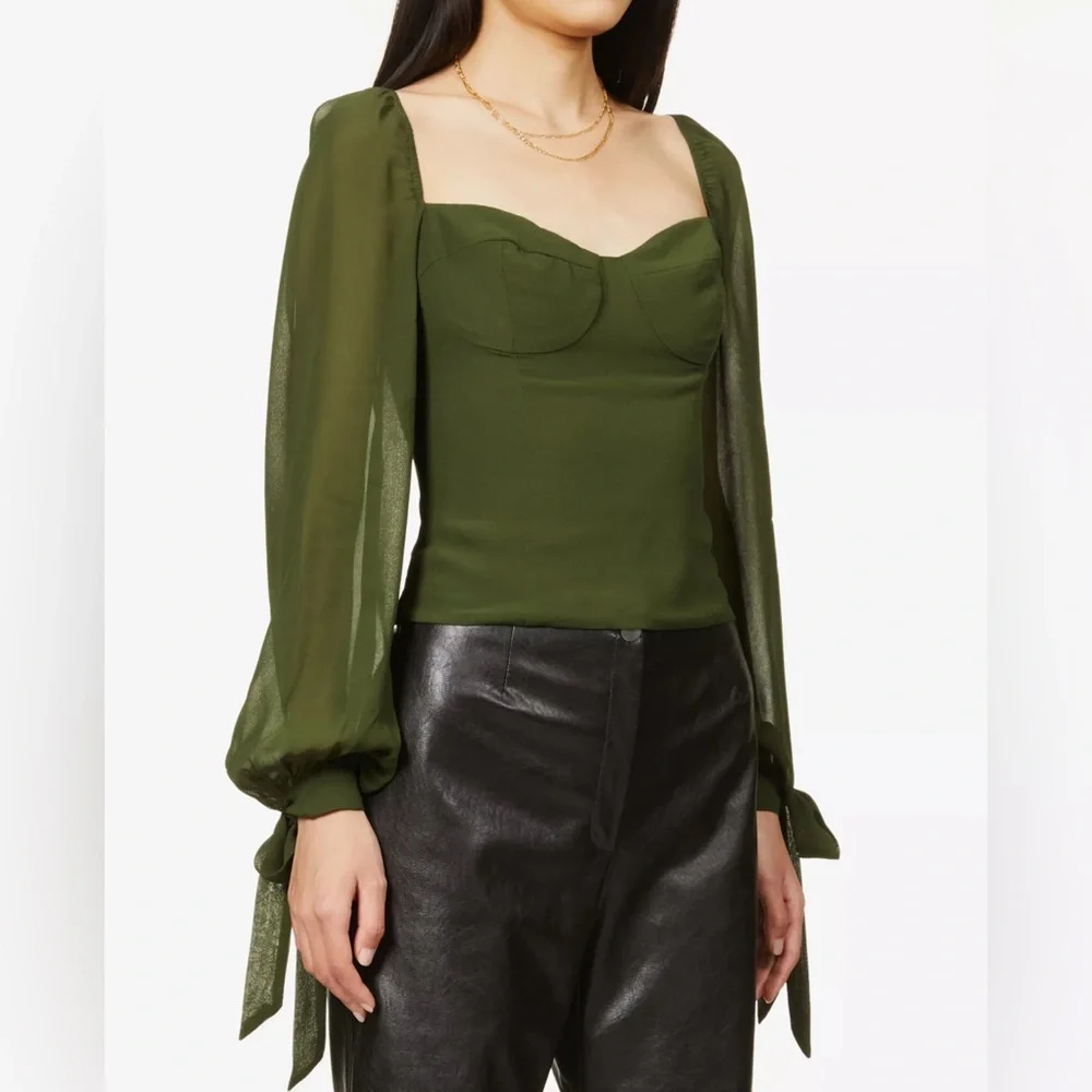 Reformation Sawtelle Sweetheart Blouse Green Puff Sleeve Size 4